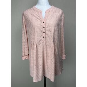 Women's Roz & Ali Top Peach Eyelet Pullover 3/4 Sleeve Stretch Baby Doll